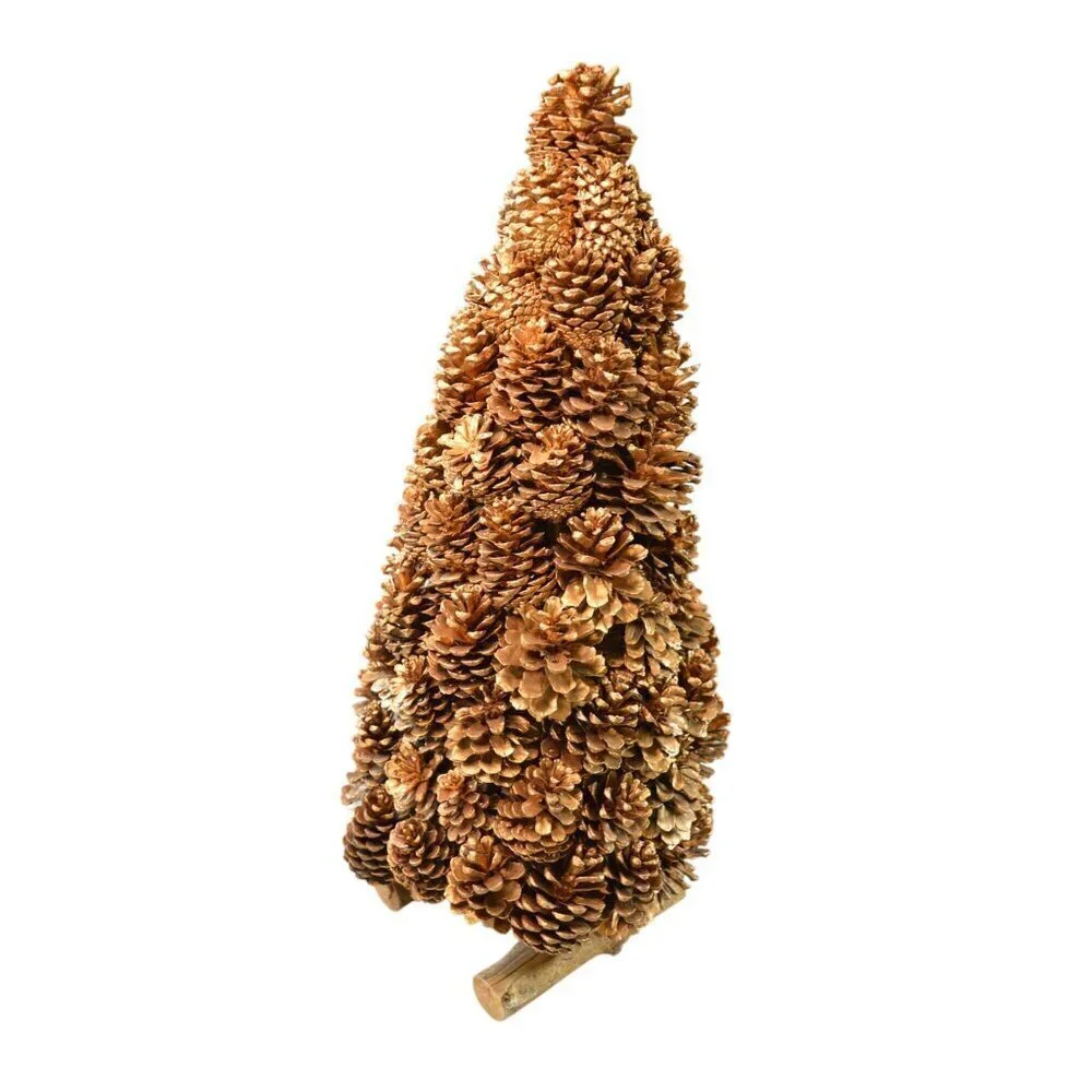 Handmade Golden Real Pinecone Christmas Tree Table Decor 24” Wooden Log Metallic